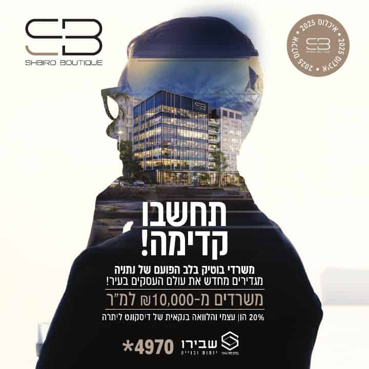 קריאייטיב למשרדי Shbiro Boutique המשלב דמות והדמיית בניין תחת המסר תחשבו קדימה
